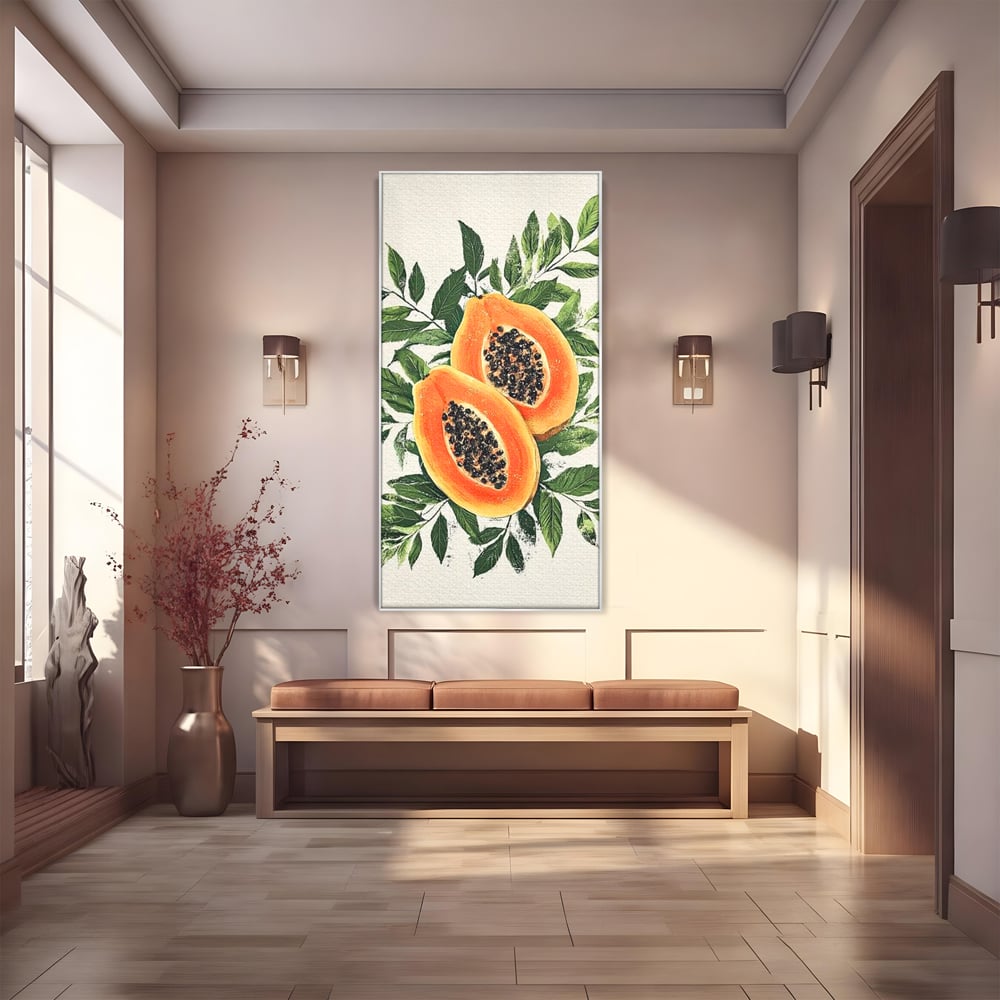 Tablou canvas cu ilustratie cu papaya si frunze tropicale, in rama de aluminiu argintiu